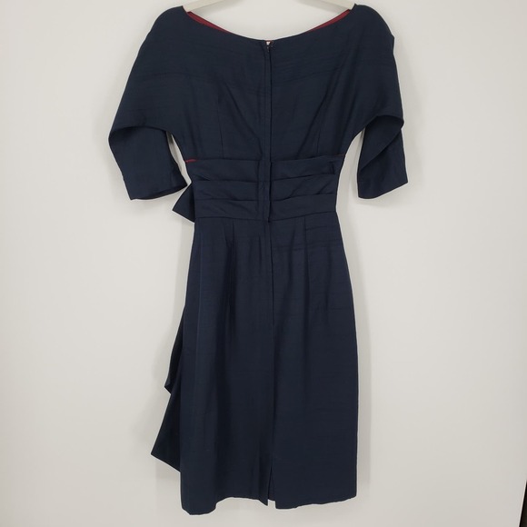 Vintage Miss Elliette Silk Shantung Wiggle Dress 00 Sheath Belted Bateau Navy - Picture 2 of 9